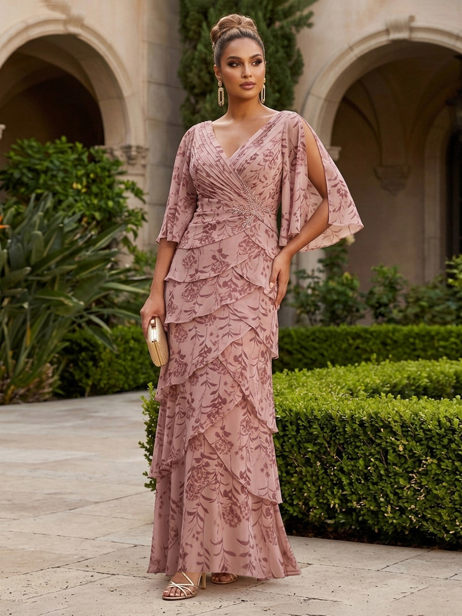 A-Line Chiffon Floral Print 3/4 Cape Sleeves Tiered Mother of the Bride & Groom Dresses with Beaded Waist Embellishment