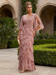 A-Line Chiffon Floral Print 3/4 Cape Sleeves Tiered Mother of the Bride & Groom Dresses with Beaded Waist Embellishment