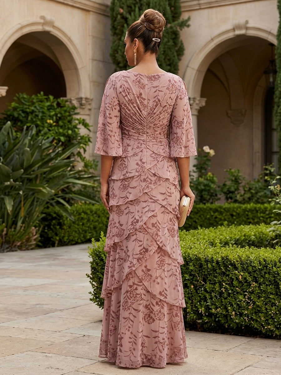 A-Line Chiffon Floral Print 3/4 Cape Sleeves Tiered Mother of the Bride & Groom Dresses with Beaded Waist Embellishment