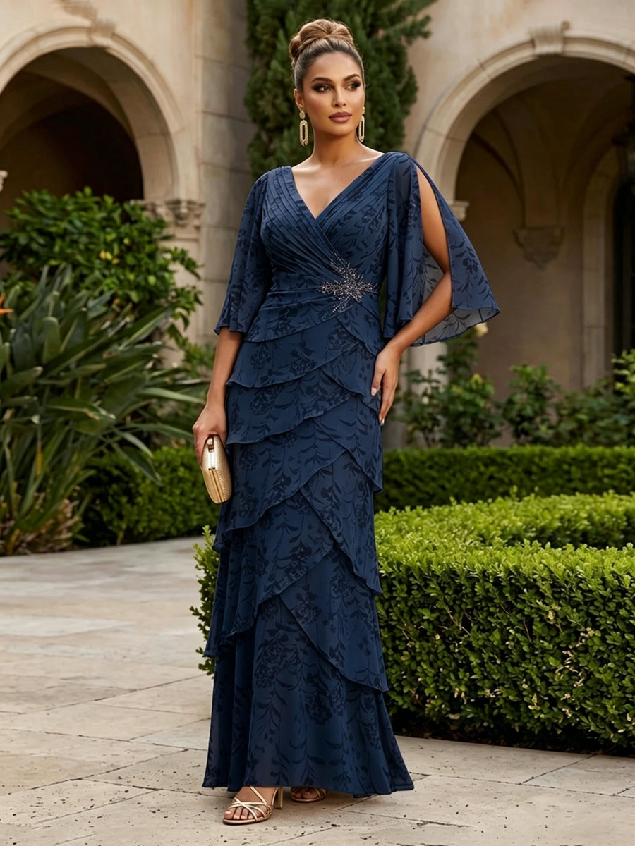 A-Line Chiffon Floral Print 3/4 Cape Sleeves Tiered Mother of the Bride & Groom Dresses with Beaded Waist Embellishment