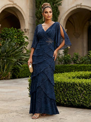 A-Line Chiffon Floral Print 3/4 Cape Sleeves Tiered Mother of the Bride & Groom Dresses with Beaded Waist Embellishment