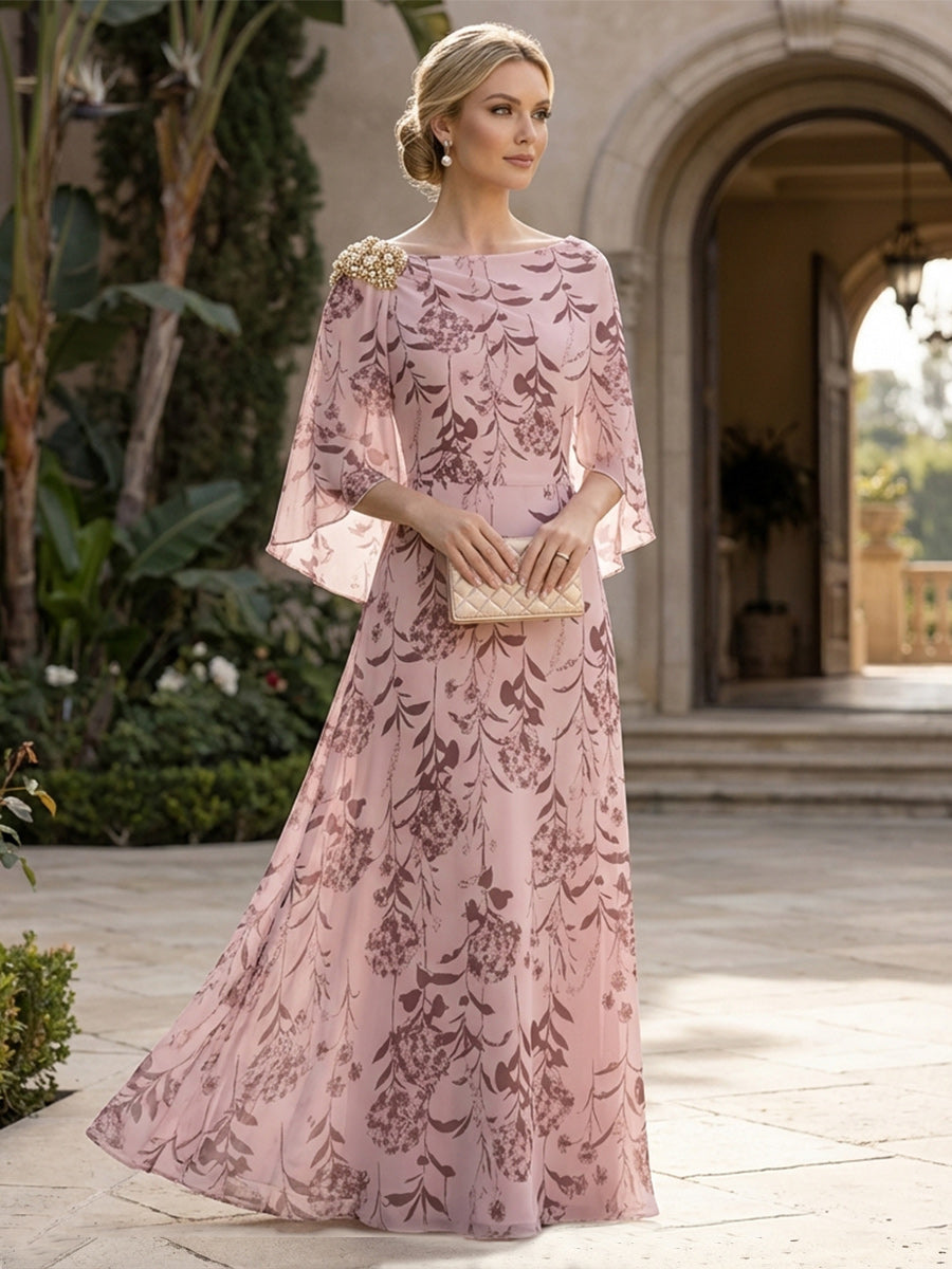 A-Line Chiffon Floral Print 3/4 Cape Sleeves Mother of the Bride & Groom Dresses with Beaded Shoulder Embellishment