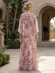 A-Line Chiffon Floral Print 3/4 Cape Sleeves Mother of the Bride & Groom Dresses with Beaded Shoulder Embellishment