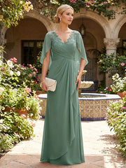 A-Line Chiffon 3/4 Cape Sleeves Floor-Length Mother of the Bride & Groom Dresses with Ruched Ruffled Waist