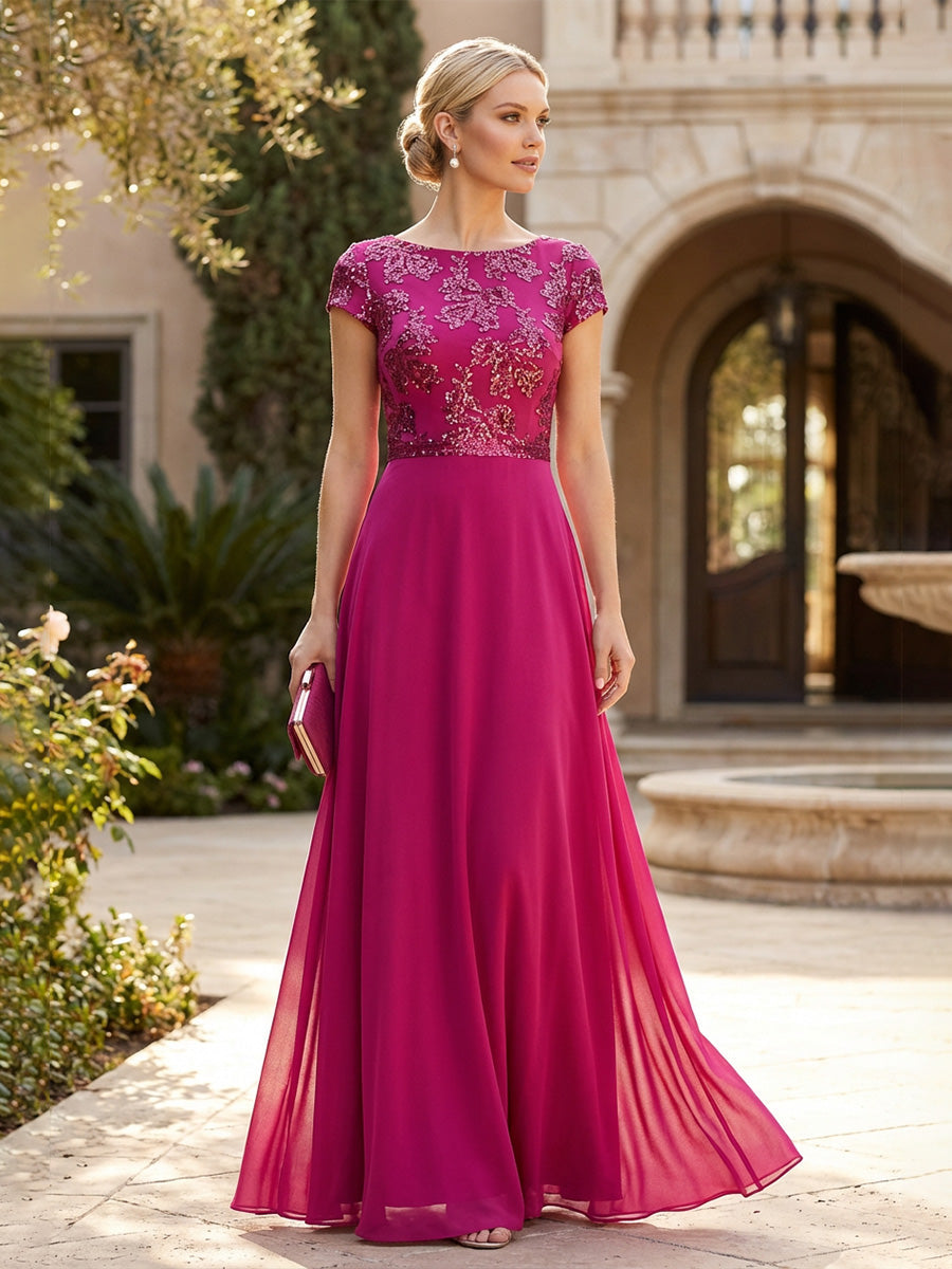 A-Line Chiffon Crew Neck Floor-Length Mother of the Bride & Groom Dresses with Sequin Floral Embellished Bodice