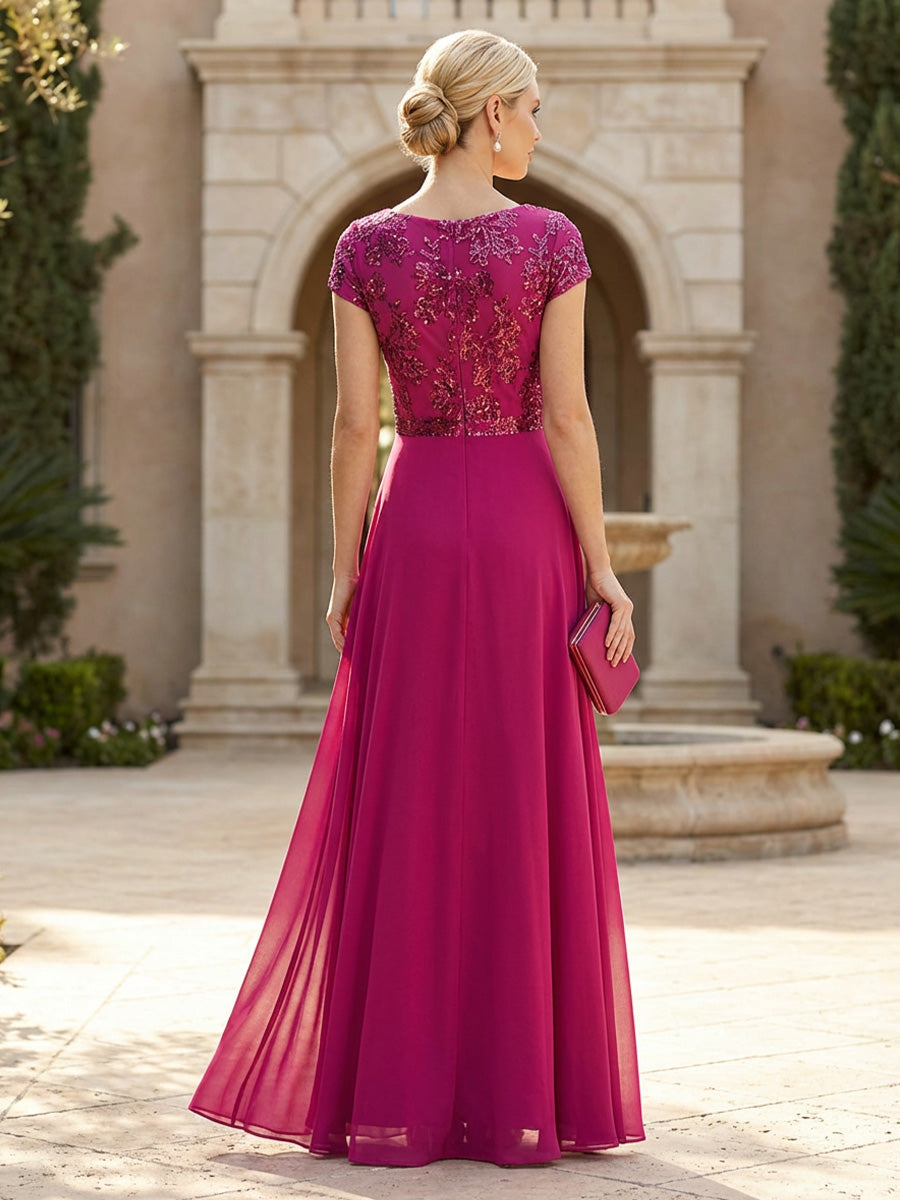 A-Line Chiffon Crew Neck Floor-Length Mother of the Bride & Groom Dresses with Sequin Floral Embellished Bodice