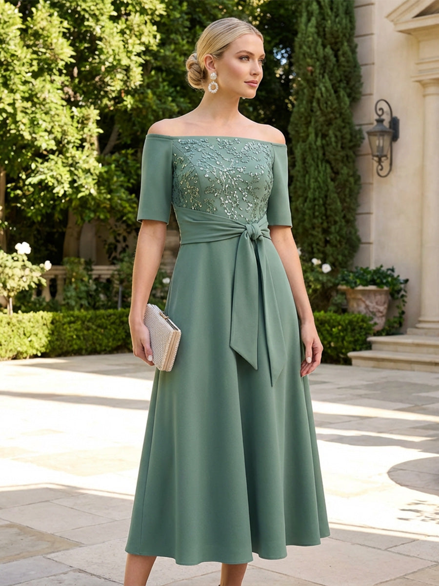 A-Line Chiffon Off Shoulder Tea-Length Mother of the Bride & Groom Dresses with Sequin & Belt