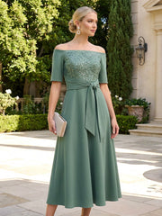 A-Line Chiffon Off Shoulder Tea-Length Mother of the Bride & Groom Dresses with Sequin & Belt