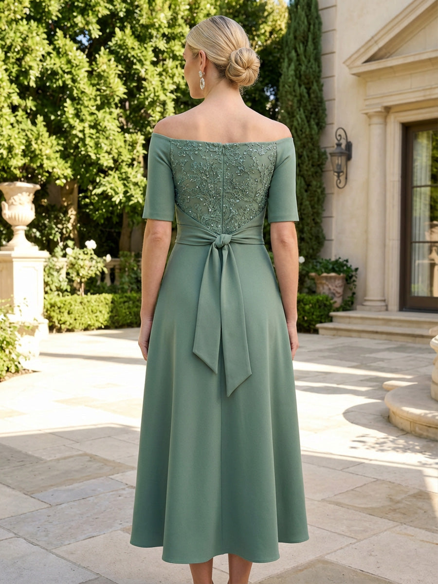 A-Line Chiffon Off Shoulder Tea-Length Mother of the Bride & Groom Dresses with Sequin & Belt