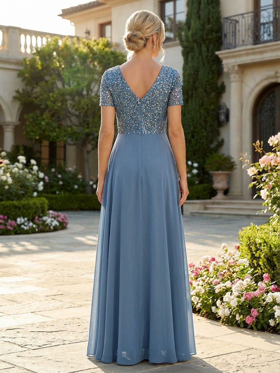 A-Line Chiffon Short Sleeves Mother of the Bride & Groom Dresses with Sequin Bodice