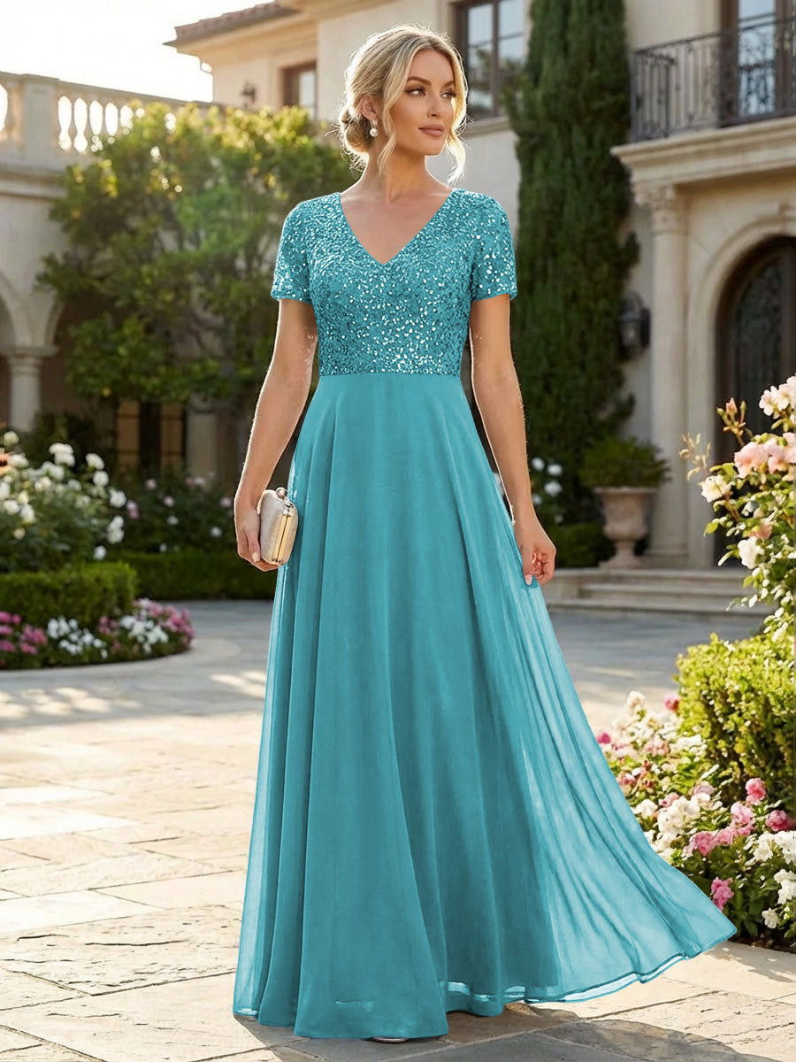 A-Line Chiffon Short Sleeves Mother of the Bride & Groom Dresses with Sequin Bodice