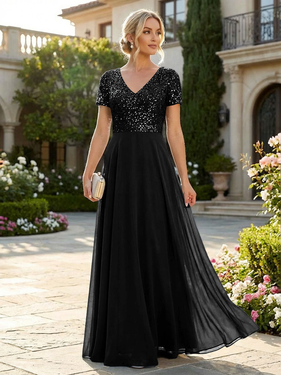 A-Line Chiffon Short Sleeves Mother of the Bride & Groom Dresses with Sequin Bodice