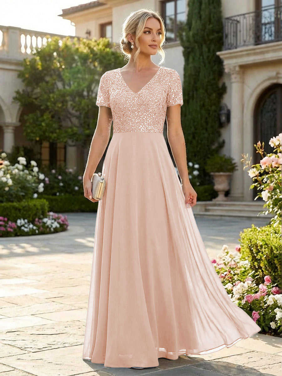 A-Line Chiffon Short Sleeves Mother of the Bride & Groom Dresses with Sequin Bodice