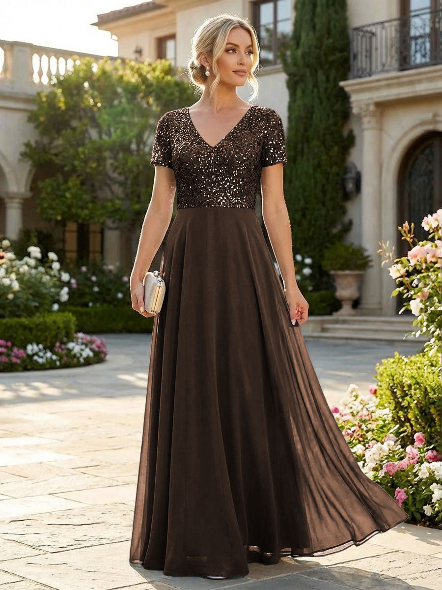 A-Line Chiffon Short Sleeves Mother of the Bride & Groom Dresses with Sequin Bodice