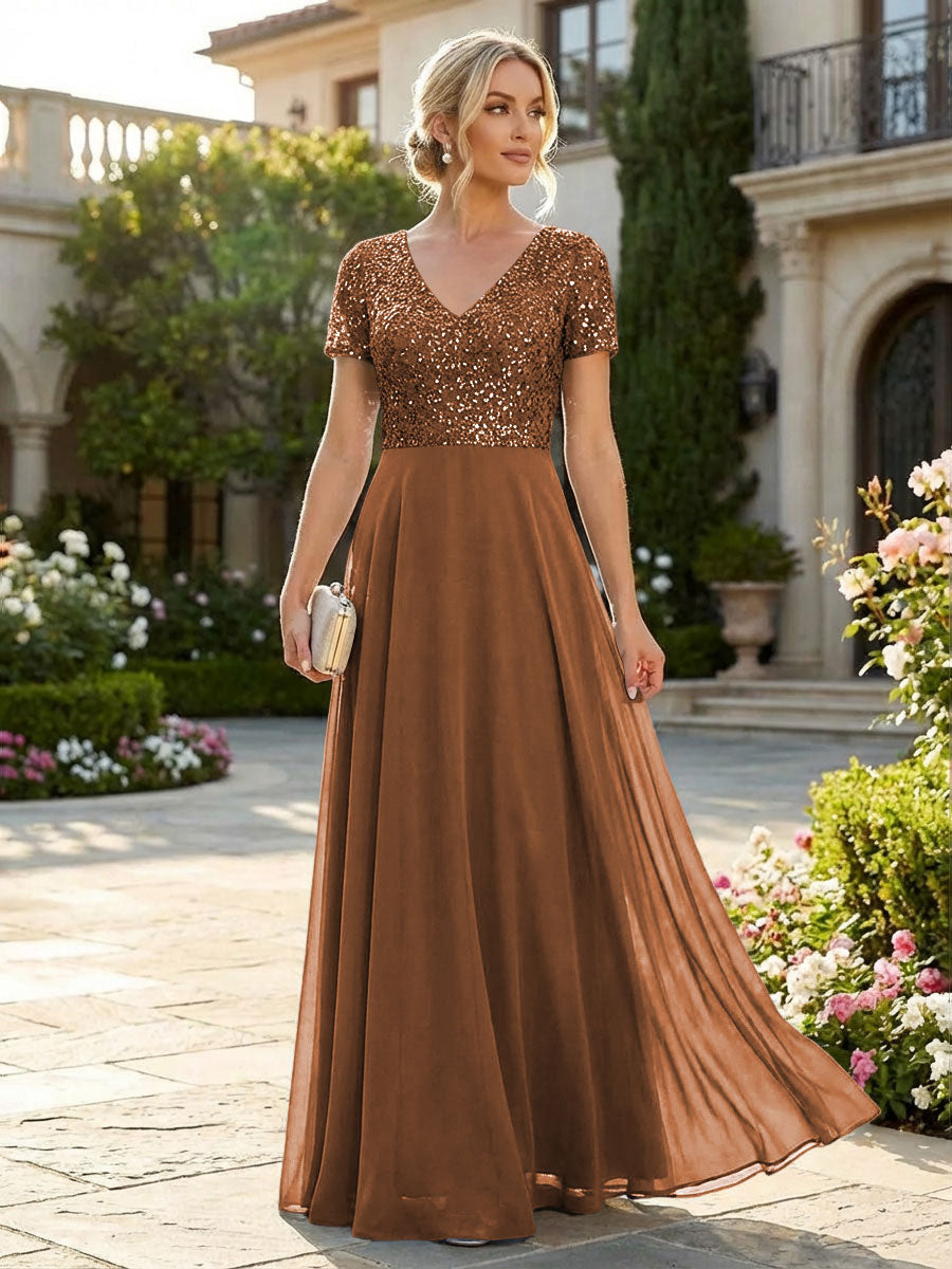 A-Line Chiffon Short Sleeves Mother of the Bride & Groom Dresses with Sequin Bodice