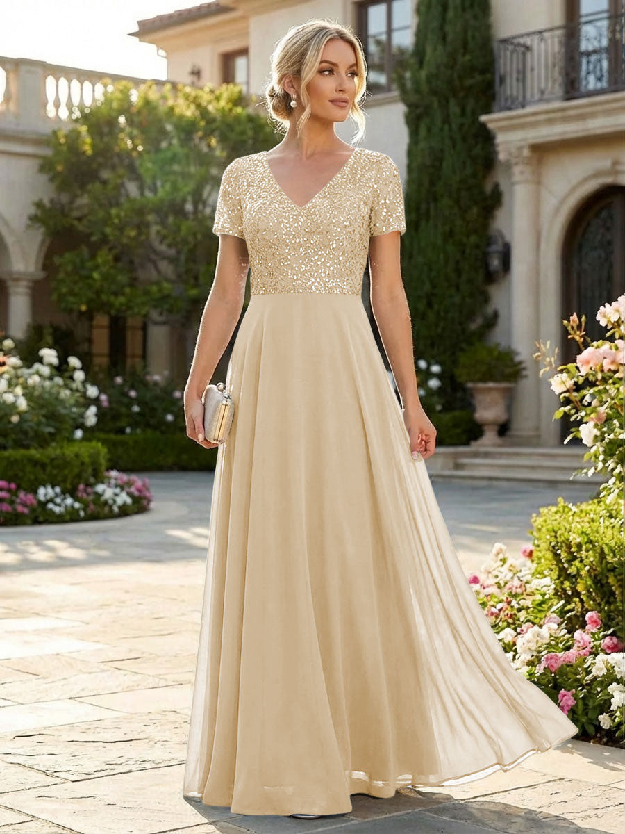 A-Line Chiffon Short Sleeves Mother of the Bride & Groom Dresses with Sequin Bodice
