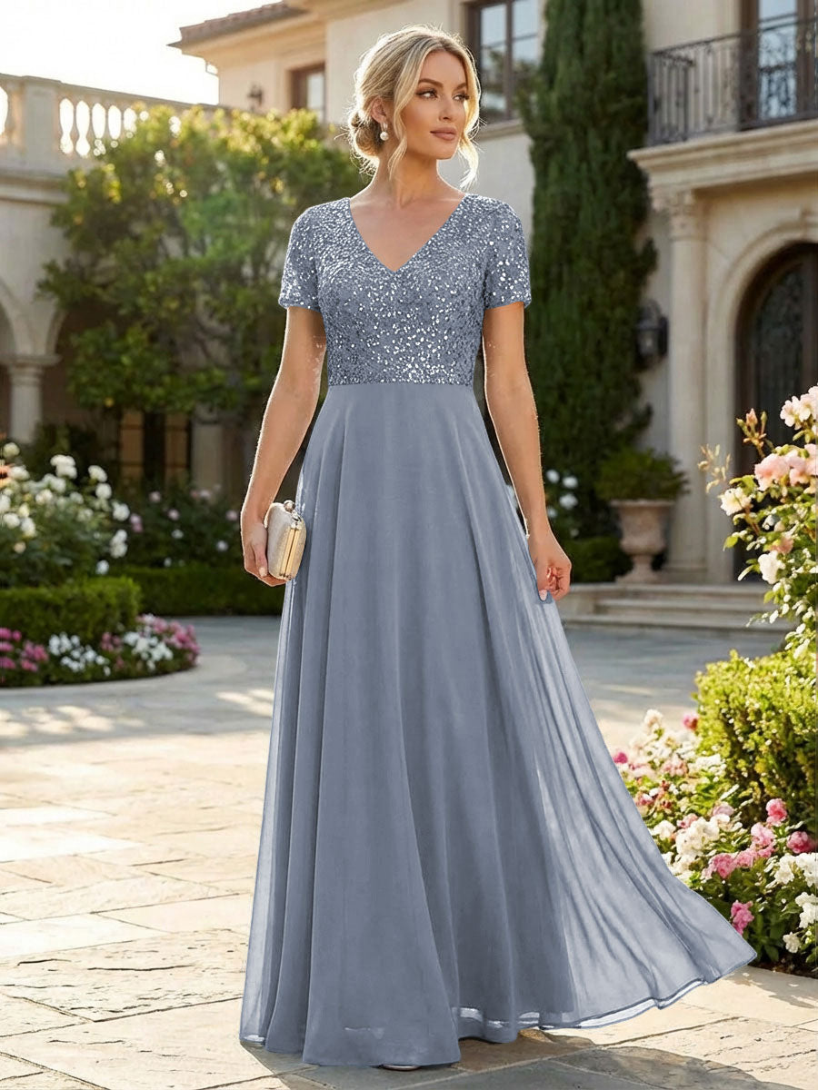 A-Line Chiffon Short Sleeves Mother of the Bride & Groom Dresses with Sequin Bodice