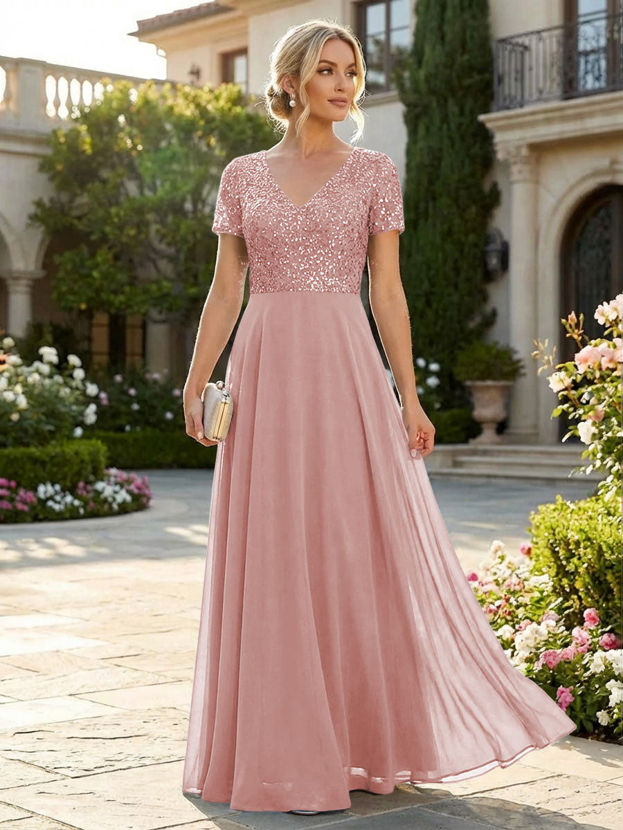 A-Line Chiffon Short Sleeves Mother of the Bride & Groom Dresses with Sequin Bodice