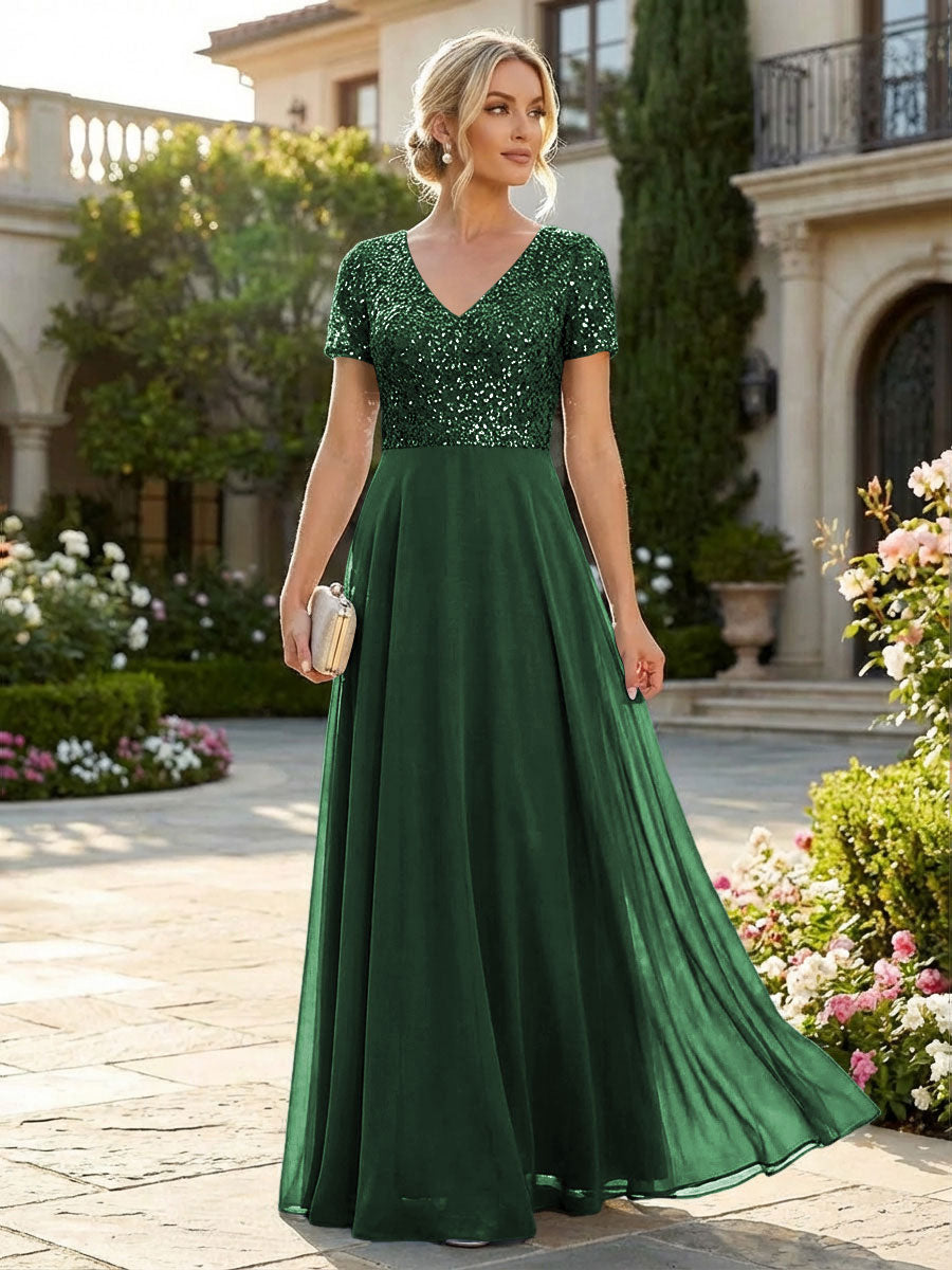 A-Line Chiffon Short Sleeves Mother of the Bride & Groom Dresses with Sequin Bodice