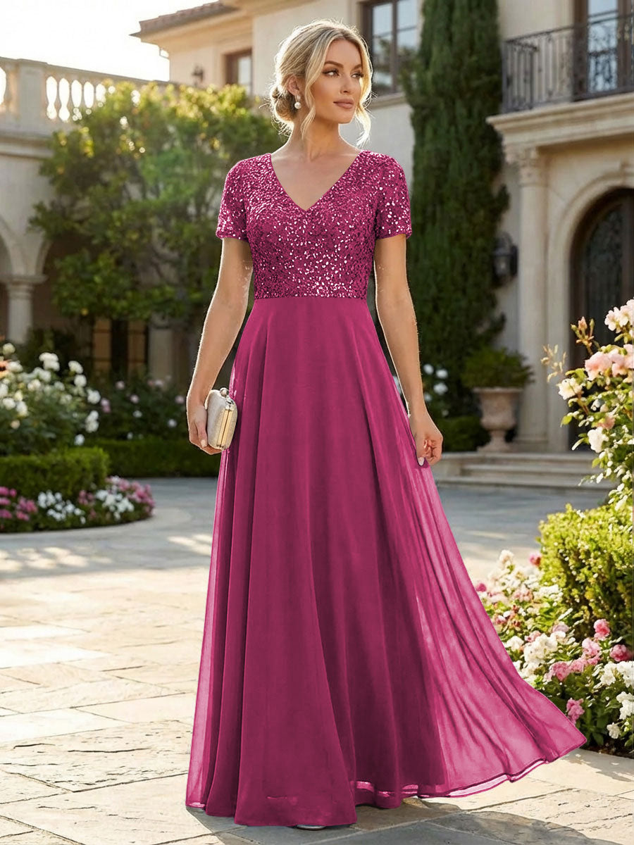 A-Line Chiffon Short Sleeves Mother of the Bride & Groom Dresses with Sequin Bodice