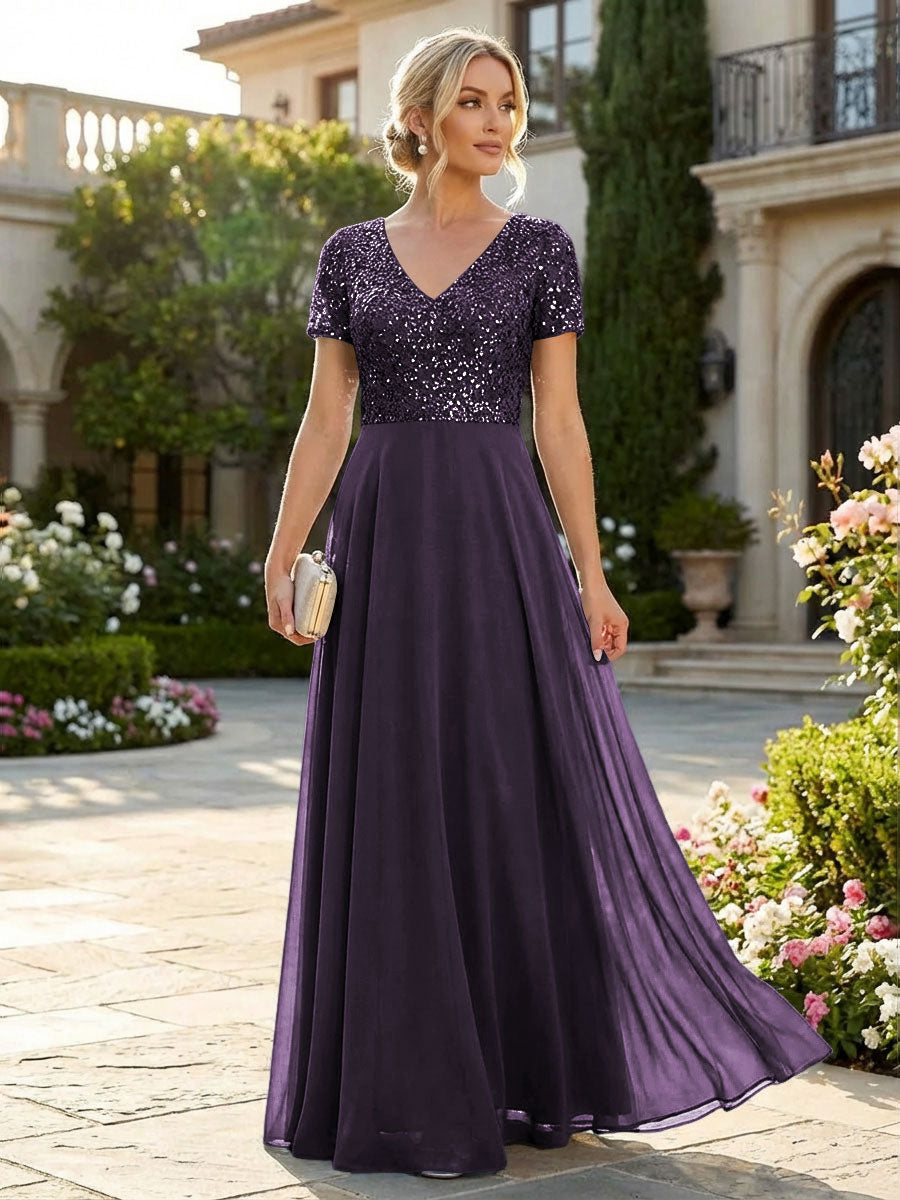 A-Line Chiffon Short Sleeves Mother of the Bride & Groom Dresses with Sequin Bodice