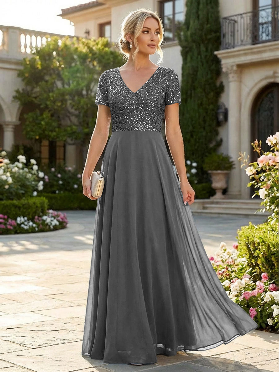 A-Line Chiffon Short Sleeves Mother of the Bride & Groom Dresses with Sequin Bodice