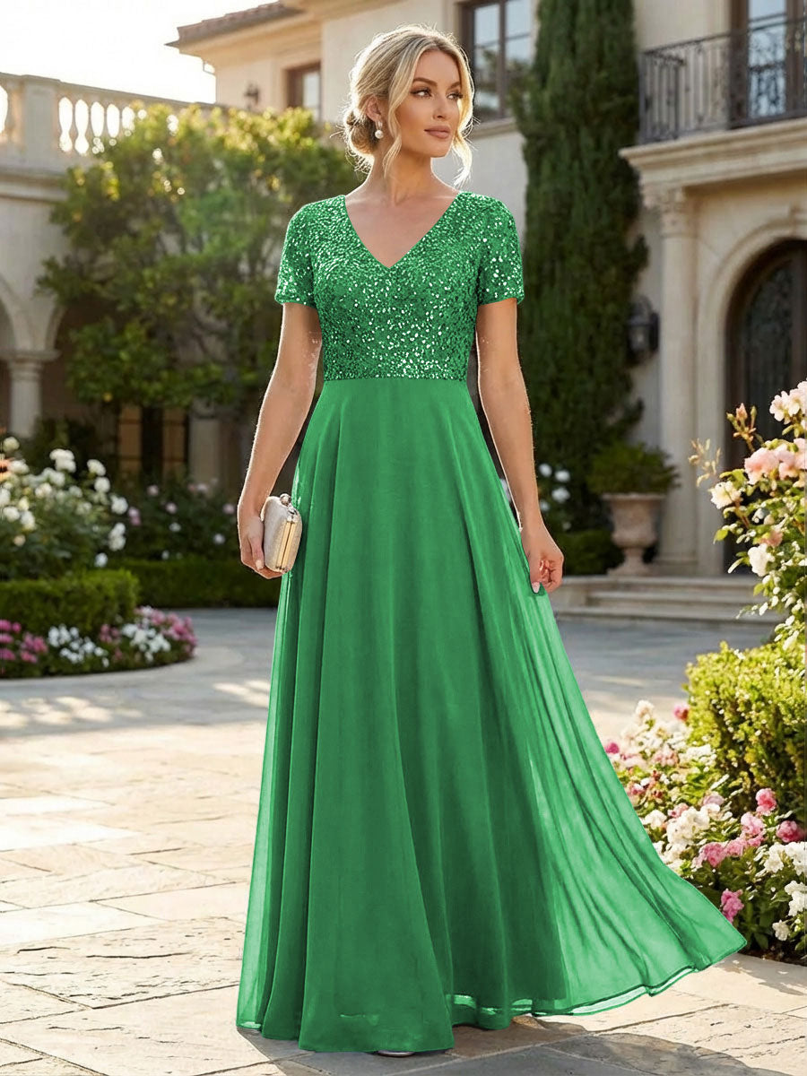 A-Line Chiffon Short Sleeves Mother of the Bride & Groom Dresses with Sequin Bodice