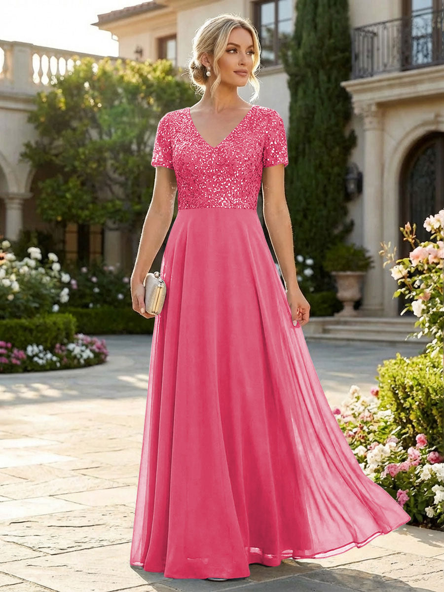A-Line Chiffon Short Sleeves Mother of the Bride & Groom Dresses with Sequin Bodice