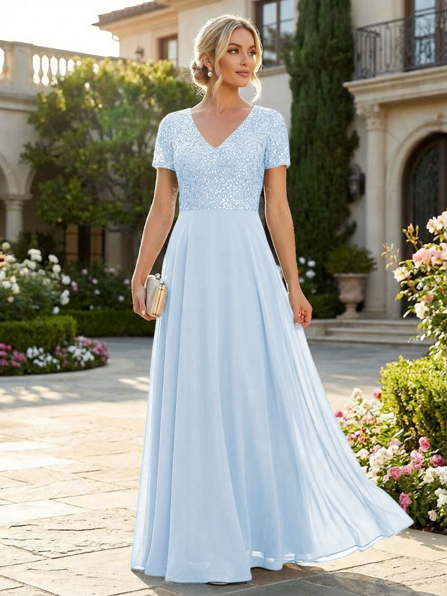 A-Line Chiffon Short Sleeves Mother of the Bride & Groom Dresses with Sequin Bodice