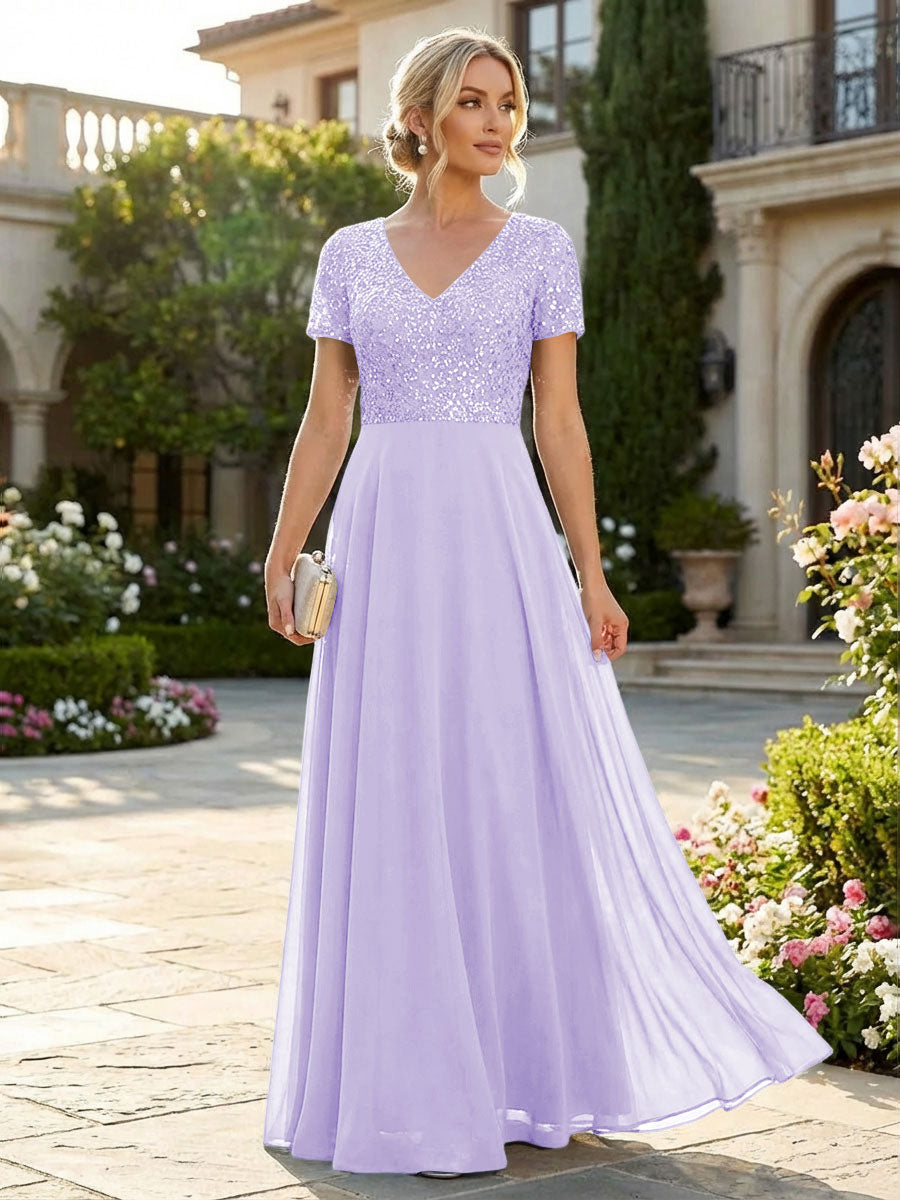 A-Line Chiffon Short Sleeves Mother of the Bride & Groom Dresses with Sequin Bodice