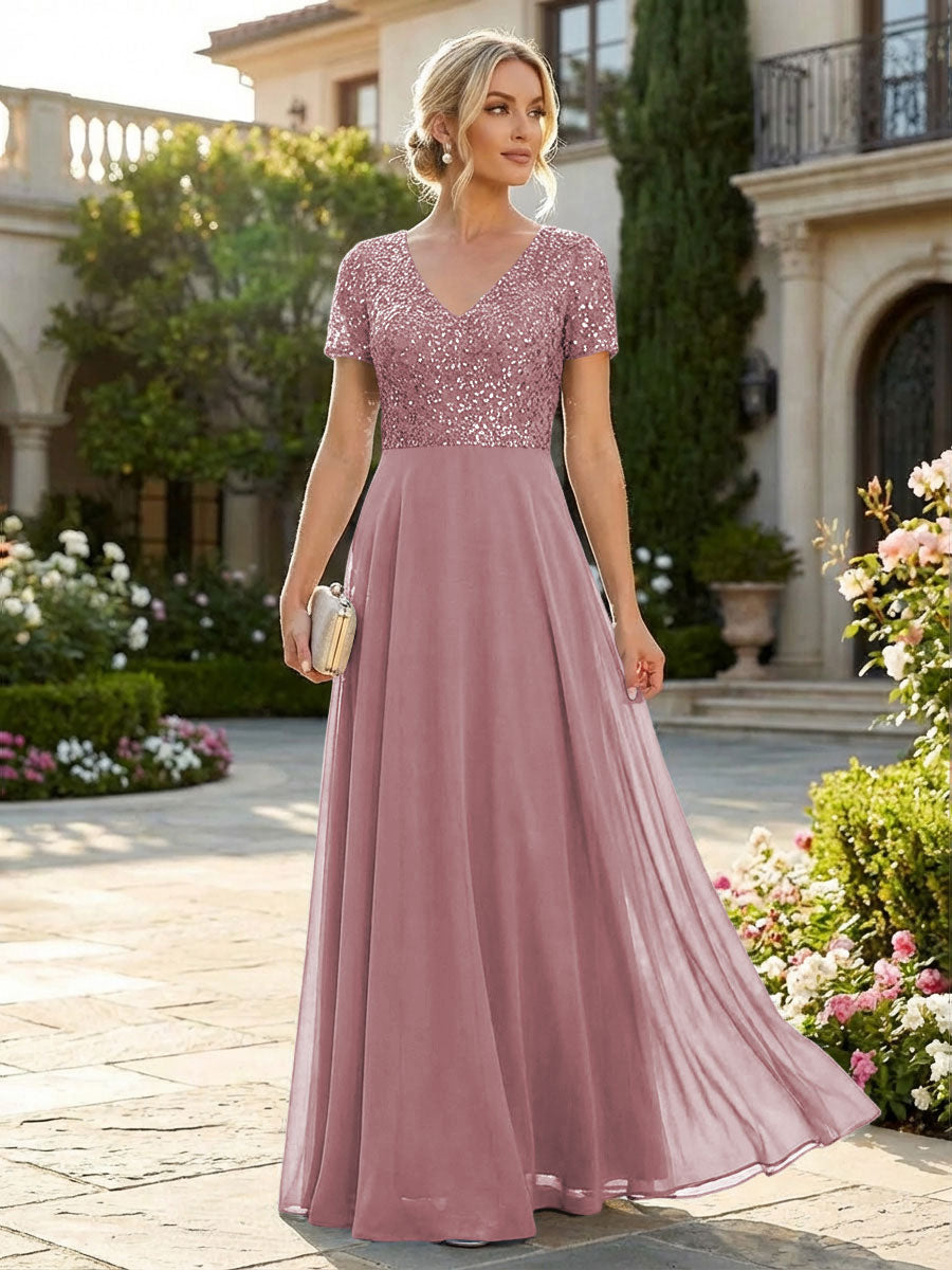 A-Line Chiffon Short Sleeves Mother of the Bride & Groom Dresses with Sequin Bodice