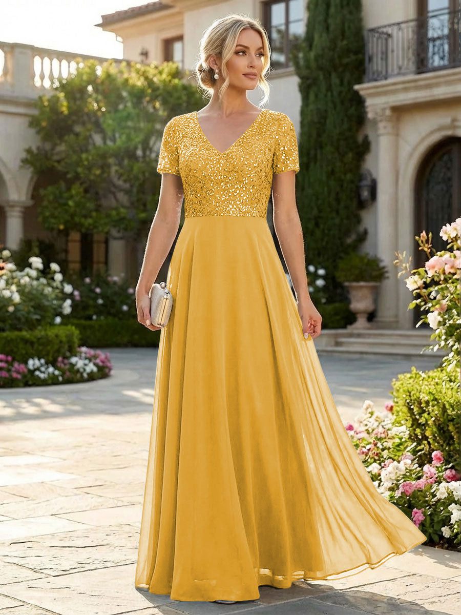A-Line Chiffon Short Sleeves Mother of the Bride & Groom Dresses with Sequin Bodice