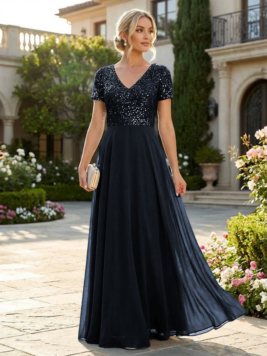 A-Line Chiffon Short Sleeves Mother of the Bride & Groom Dresses with Sequin Bodice