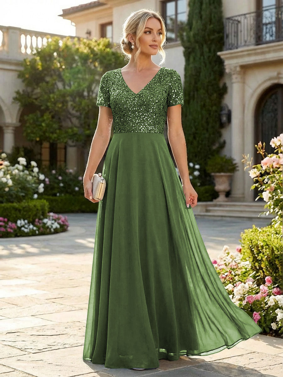 A-Line Chiffon Short Sleeves Mother of the Bride & Groom Dresses with Sequin Bodice