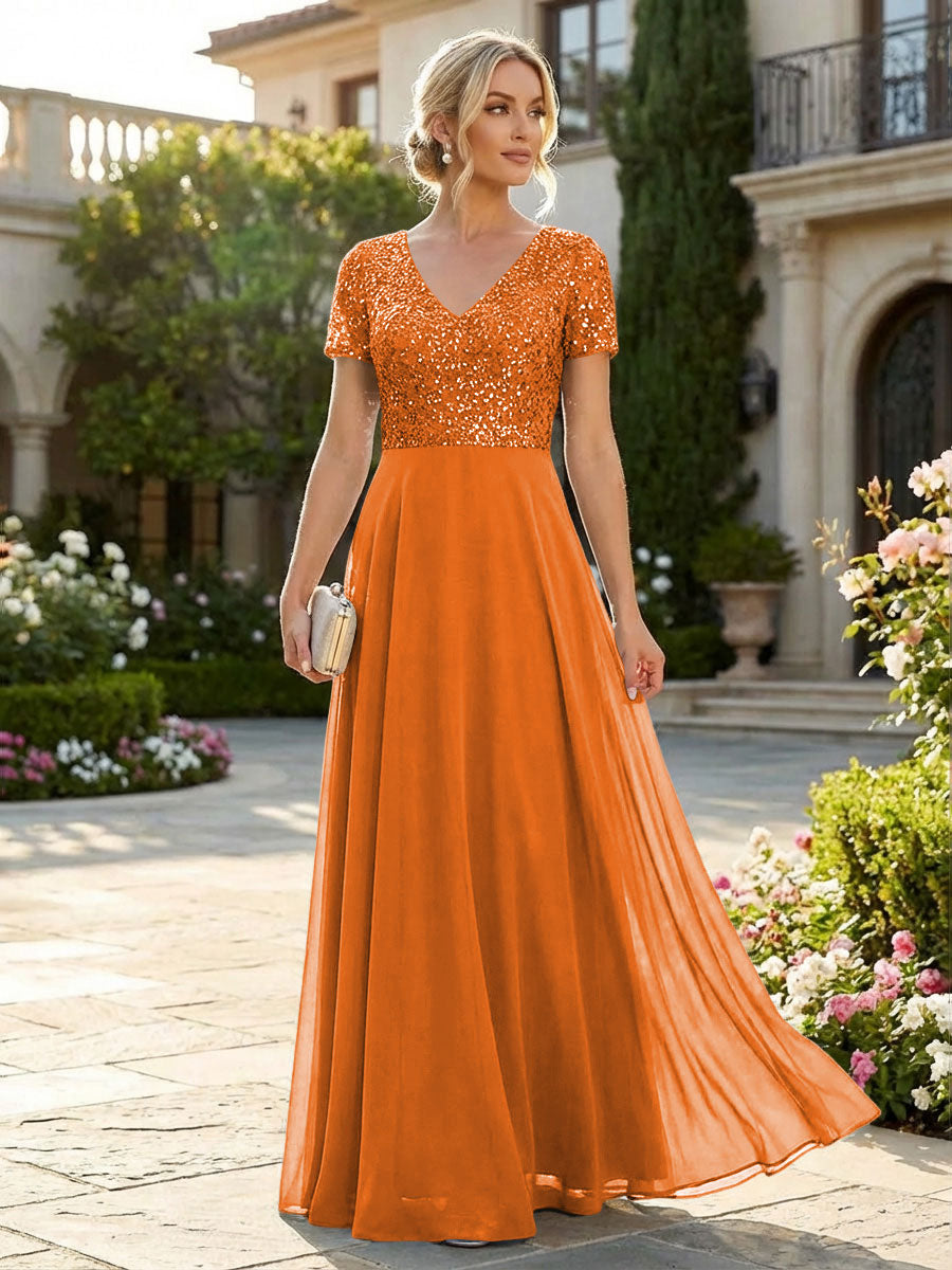 A-Line Chiffon Short Sleeves Mother of the Bride & Groom Dresses with Sequin Bodice