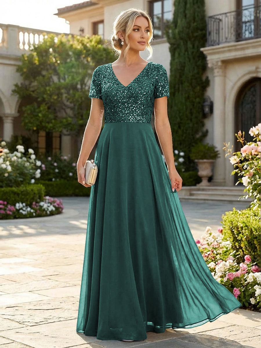 A-Line Chiffon Short Sleeves Mother of the Bride & Groom Dresses with Sequin Bodice