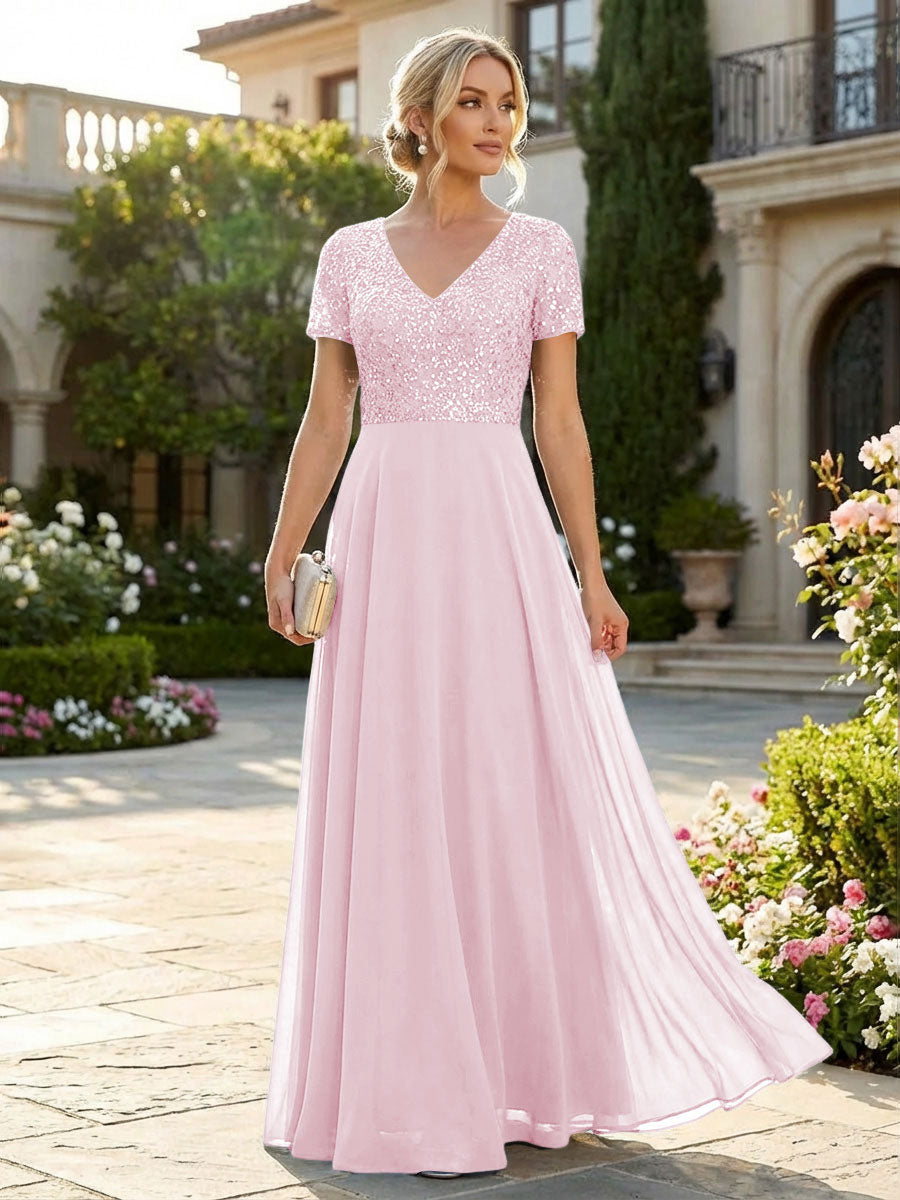 A-Line Chiffon Short Sleeves Mother of the Bride & Groom Dresses with Sequin Bodice