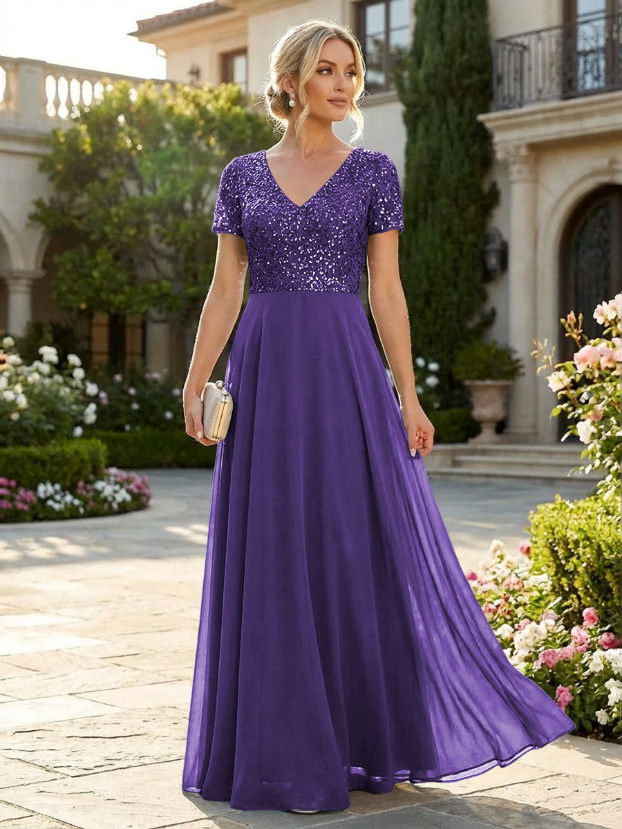 A-Line Chiffon Short Sleeves Mother of the Bride & Groom Dresses with Sequin Bodice