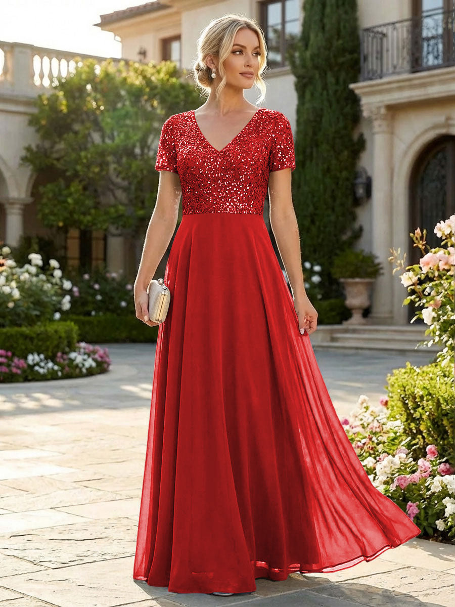 A-Line Chiffon Short Sleeves Mother of the Bride & Groom Dresses with Sequin Bodice