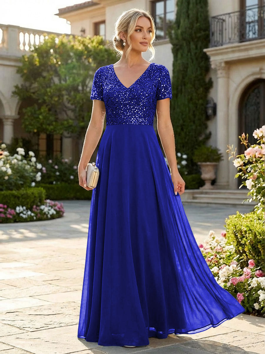 A-Line Chiffon Short Sleeves Mother of the Bride & Groom Dresses with Sequin Bodice