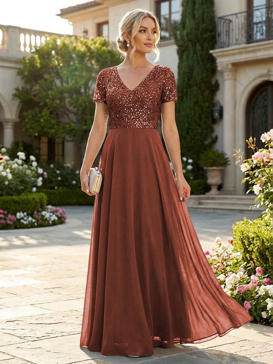 A-Line Chiffon Short Sleeves Mother of the Bride & Groom Dresses with Sequin Bodice