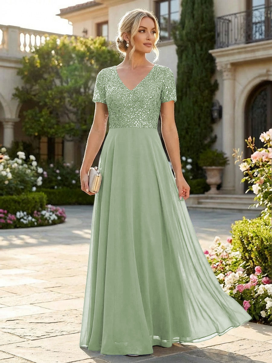 A-Line Chiffon Short Sleeves Mother of the Bride & Groom Dresses with Sequin Bodice