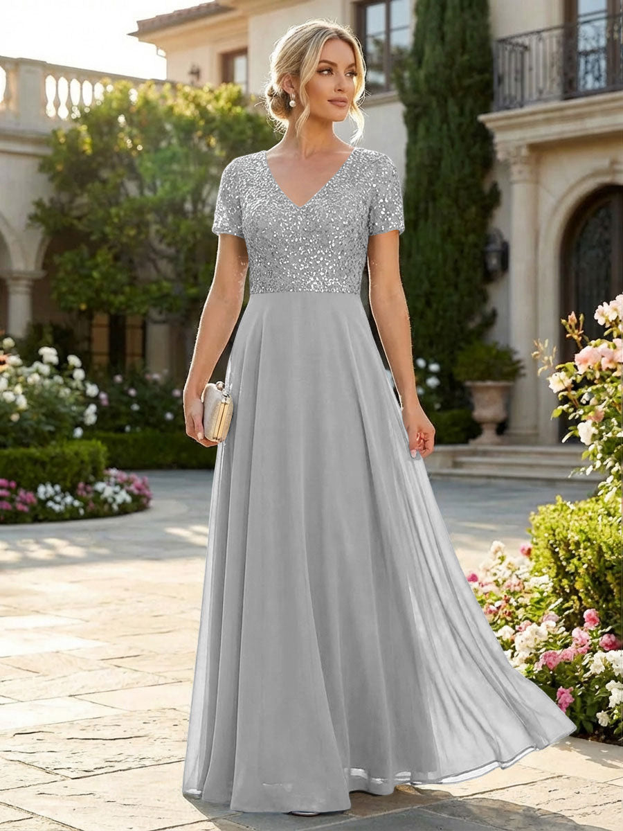 A-Line Chiffon Short Sleeves Mother of the Bride & Groom Dresses with Sequin Bodice