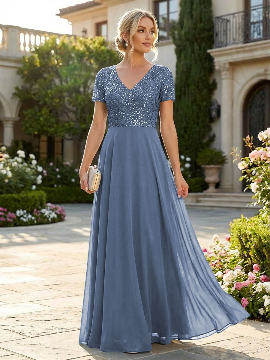 A-Line Chiffon Short Sleeves Mother of the Bride & Groom Dresses with Sequin Bodice