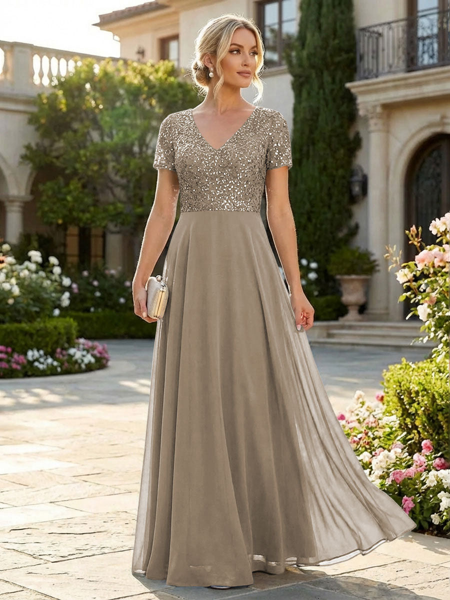 A-Line Chiffon Short Sleeves Mother of the Bride & Groom Dresses with Sequin Bodice