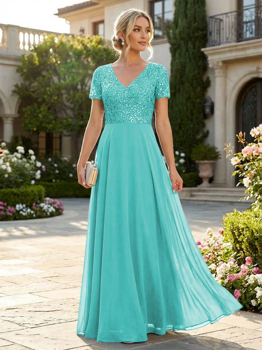 A-Line Chiffon Short Sleeves Mother of the Bride & Groom Dresses with Sequin Bodice