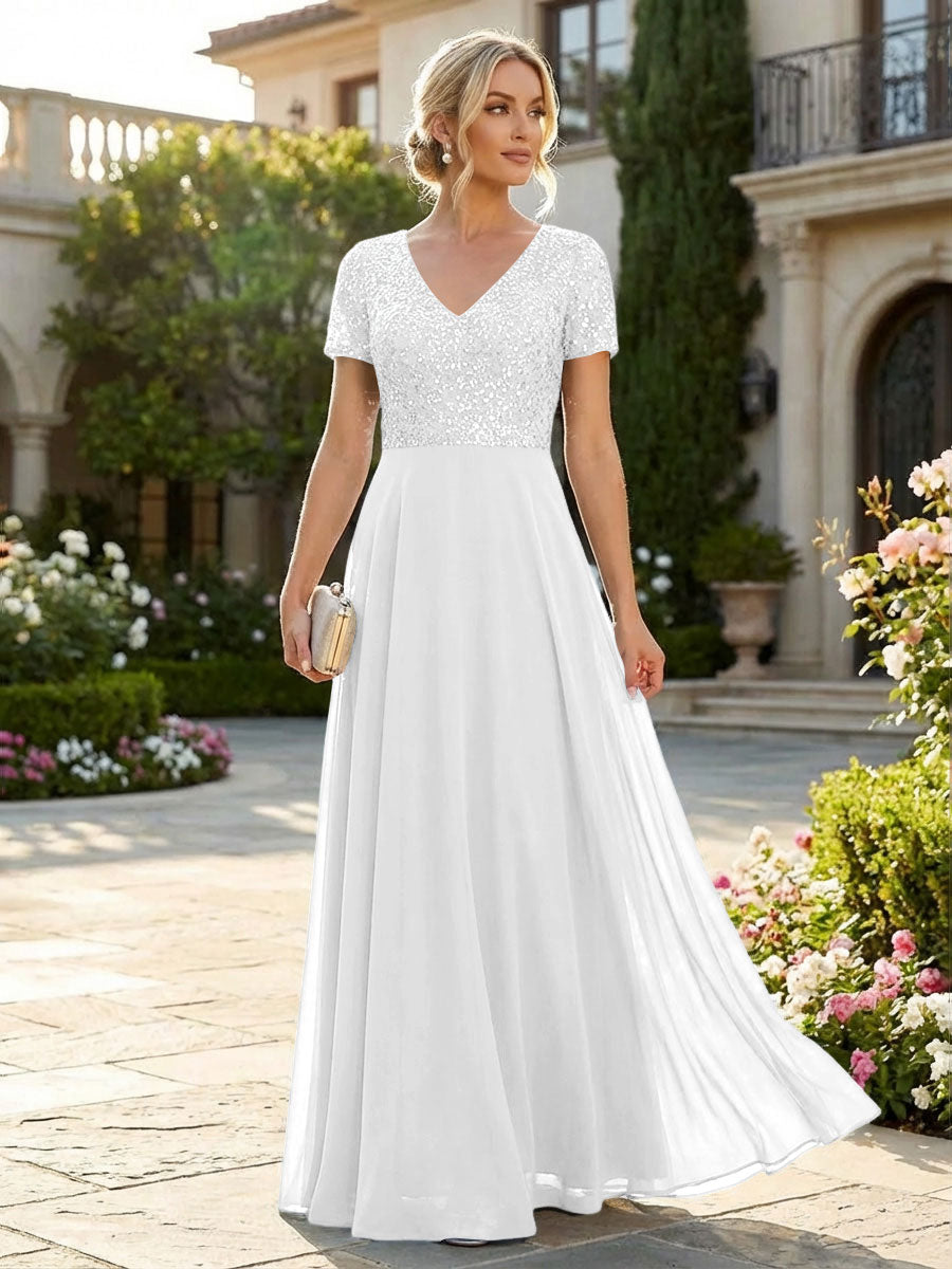 A-Line Chiffon Short Sleeves Mother of the Bride & Groom Dresses with Sequin Bodice