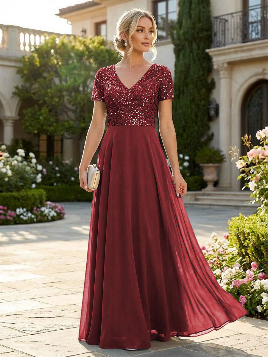 A-Line Chiffon Short Sleeves Mother of the Bride & Groom Dresses with Sequin Bodice