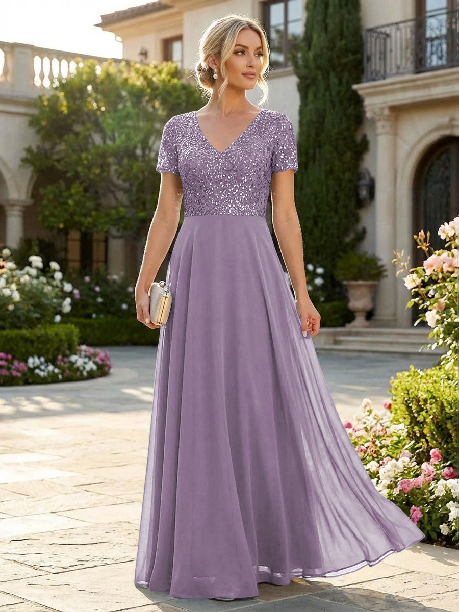 A-Line Chiffon Short Sleeves Mother of the Bride & Groom Dresses with Sequin Bodice