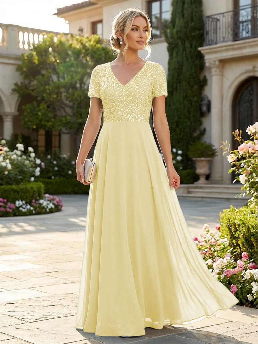 A-Line Chiffon Short Sleeves Mother of the Bride & Groom Dresses with Sequin Bodice